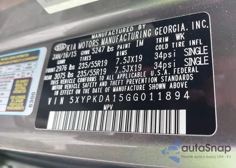 2016 Kia Sorento Sx/Sx Limited from USA, damaged, VIN 5XYPKDA15GG011894